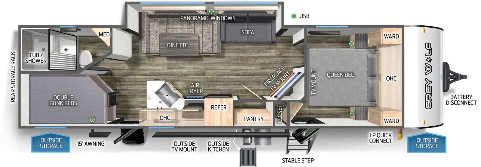 The 27DBH has one slideout and two entry doors. Exterior features include a rear storage rack, outside storage, 15 foot awning, outside TV mount, outside kitchen, front stable step entry, LP quick connect, and battery disconnect. Interior layout front to back: queen bed with overhead cabinet, wardrobes on each side, TV mount, entry door and closet; angled TV mount with fireplace along inner wall; off-door side slide out with sofa, dinette and panoramic window; door side pantry, refrigerator, air fryer, overhead cabinet, peninsula kitchen countertop with sink, and second entry; rear door side double bed bunk beds; rear off-door side full bathroom with medicine cabinet.